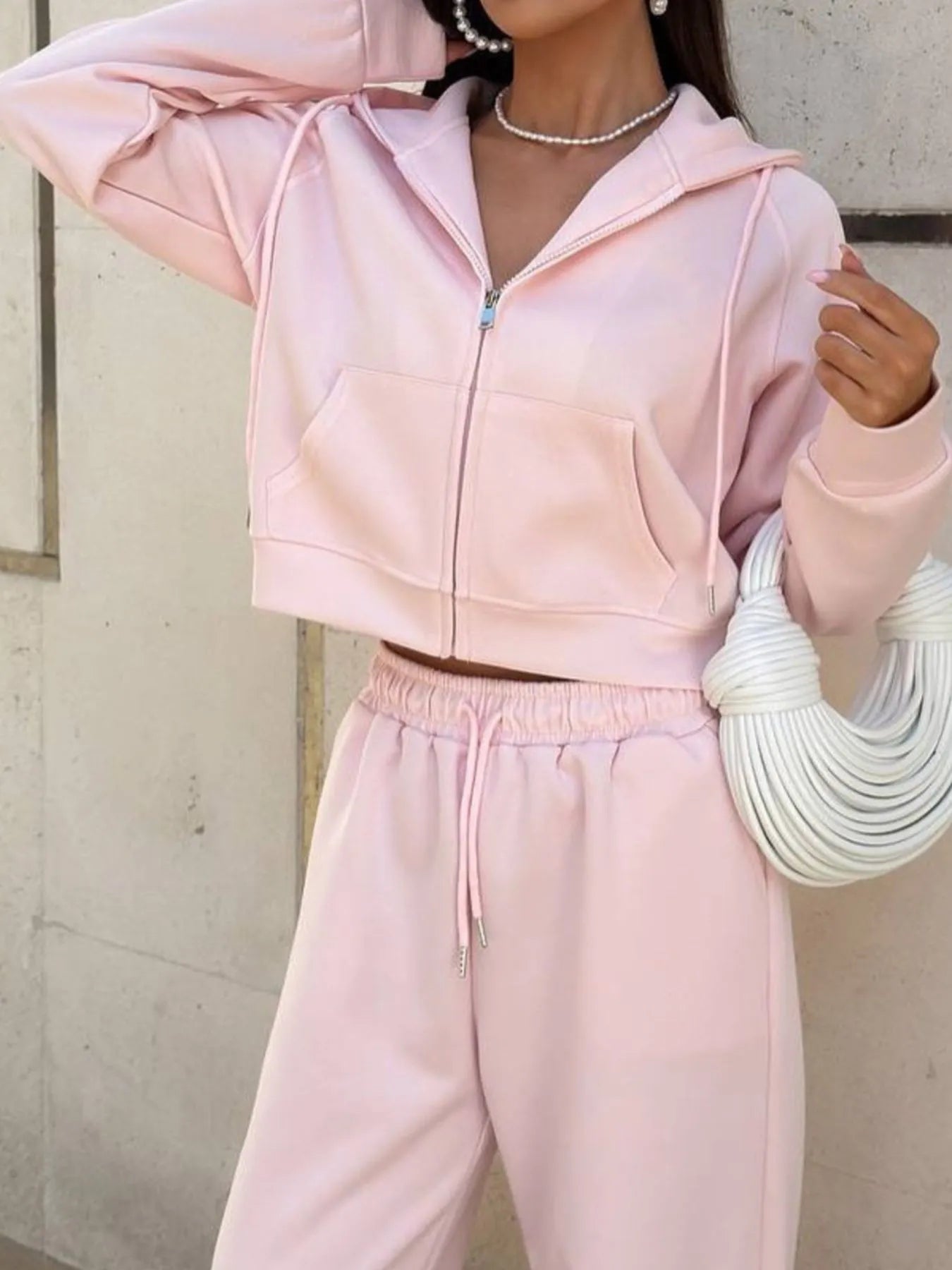 Zip Up Drawstring Hoodie and Pants Set - Fashorio