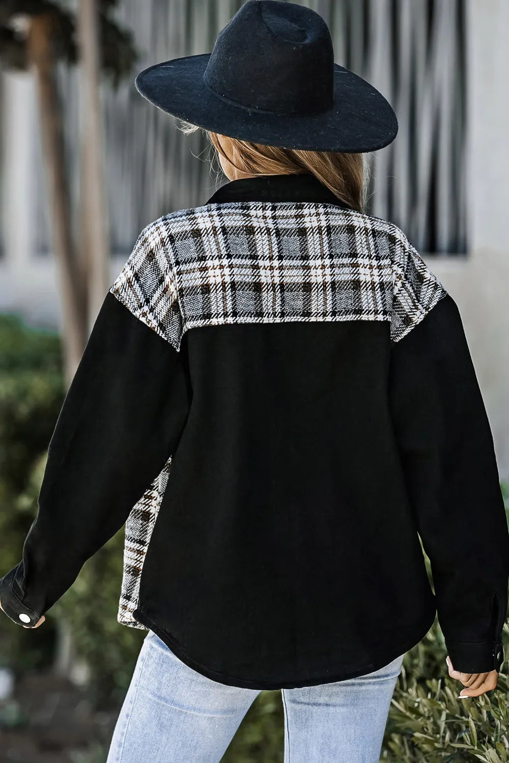 Plaid Pocketed Button Up Denim Jacket - Fashorio