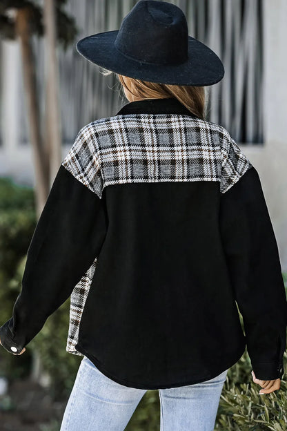 Plaid Pocketed Button Up Denim Jacket - Fashorio