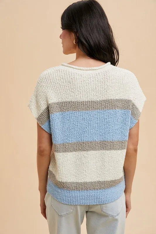 Color Block Textured Sweater Top in Ivory and Denim Blue detail