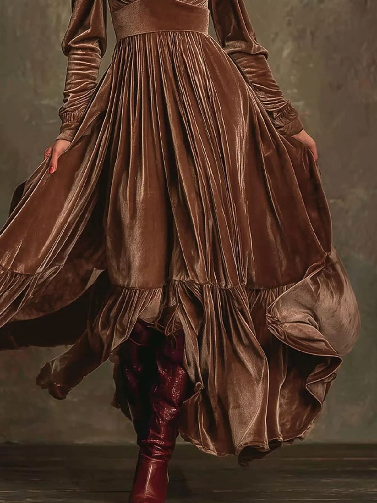 Ruffled hem long sleeve maxi dress hem detail