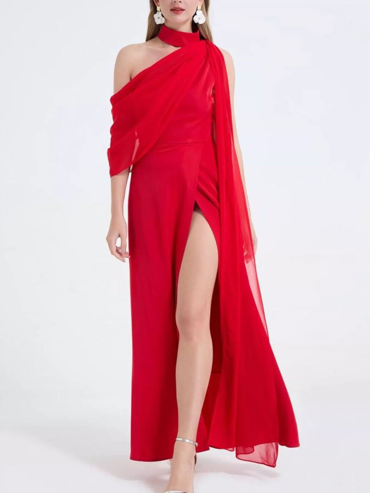 Red high slit evening maxi dress on model