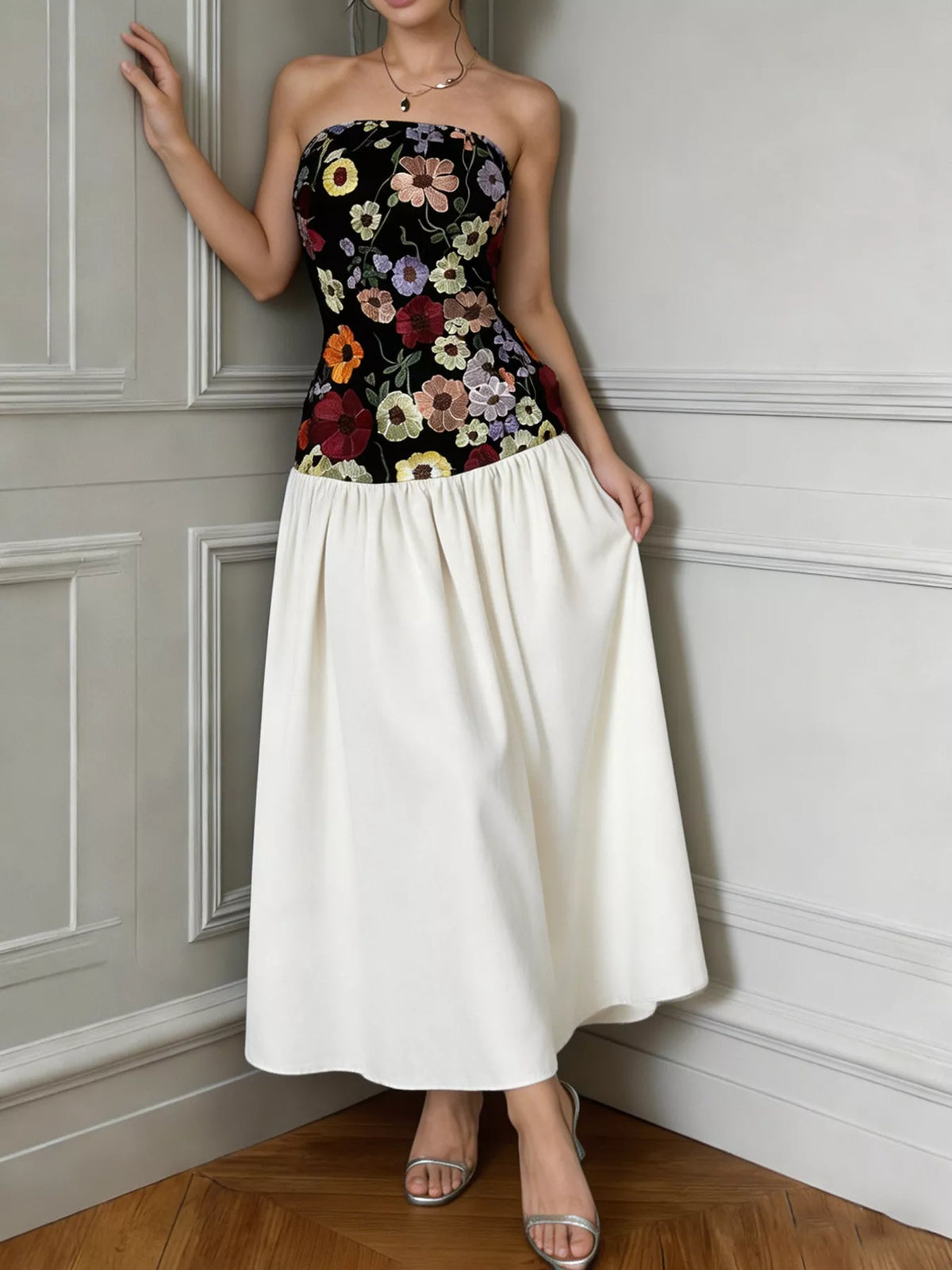 Floral embroidered strapless tube maxi dress front view
