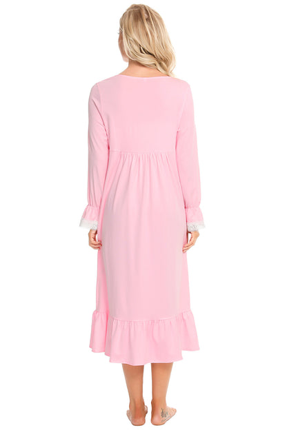 Lace Detail Square Neck Flounce Sleeve Night Dress - Fashorio