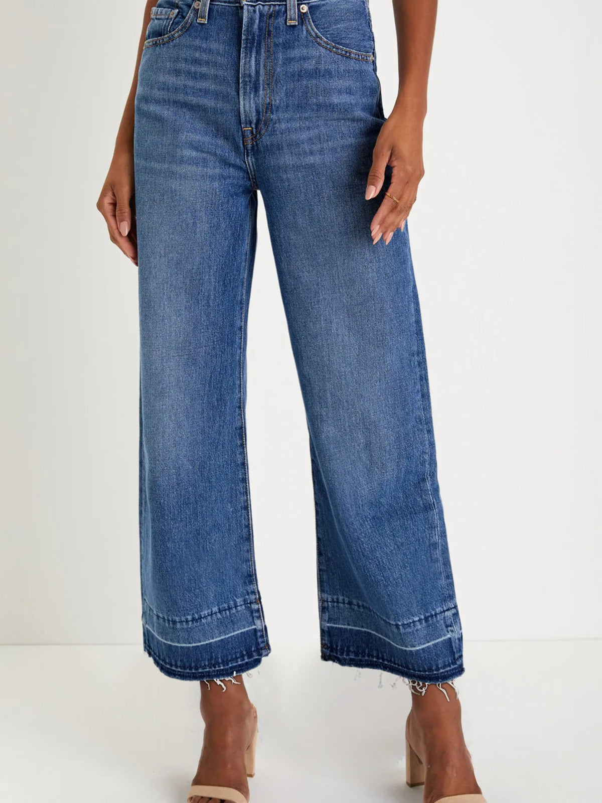 High waist detail on washed denim