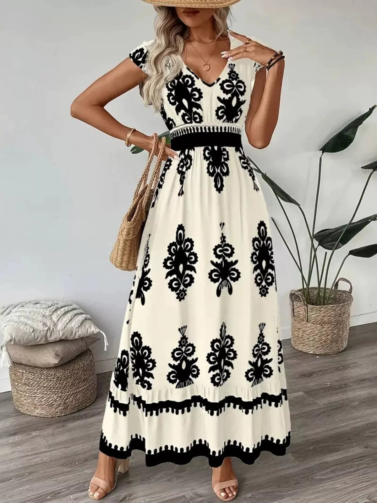 ruffle print v neck maxi dress front view