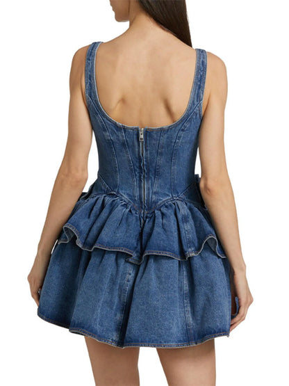 Ruffled Layered Scoop Neck Denim Dress - Fashorio