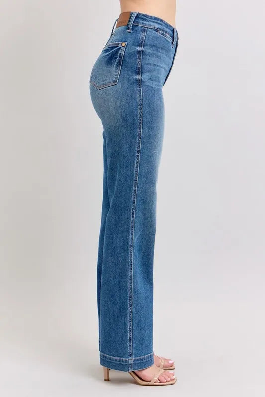 Close up of medium wash denim and stitching