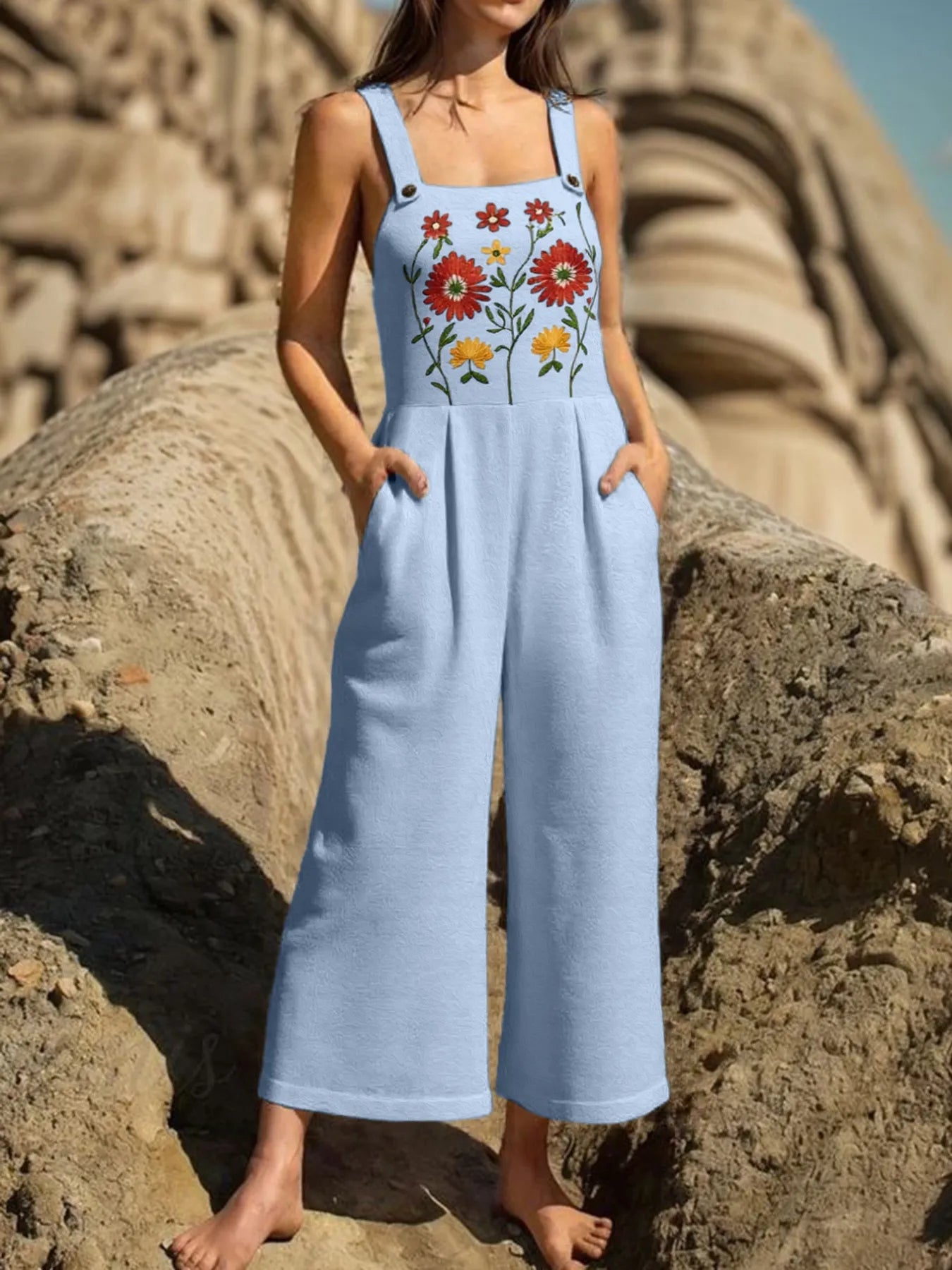 Floral Embroidered Wide Leg Jumpsuit Light Blue - Fashorio