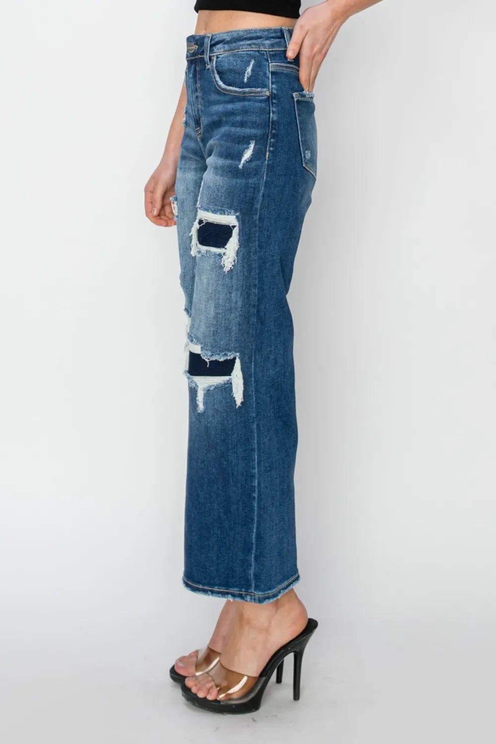 Risen Full Size High Rise Patch Detailed Wide Leg Crop Jeans - Fashorio