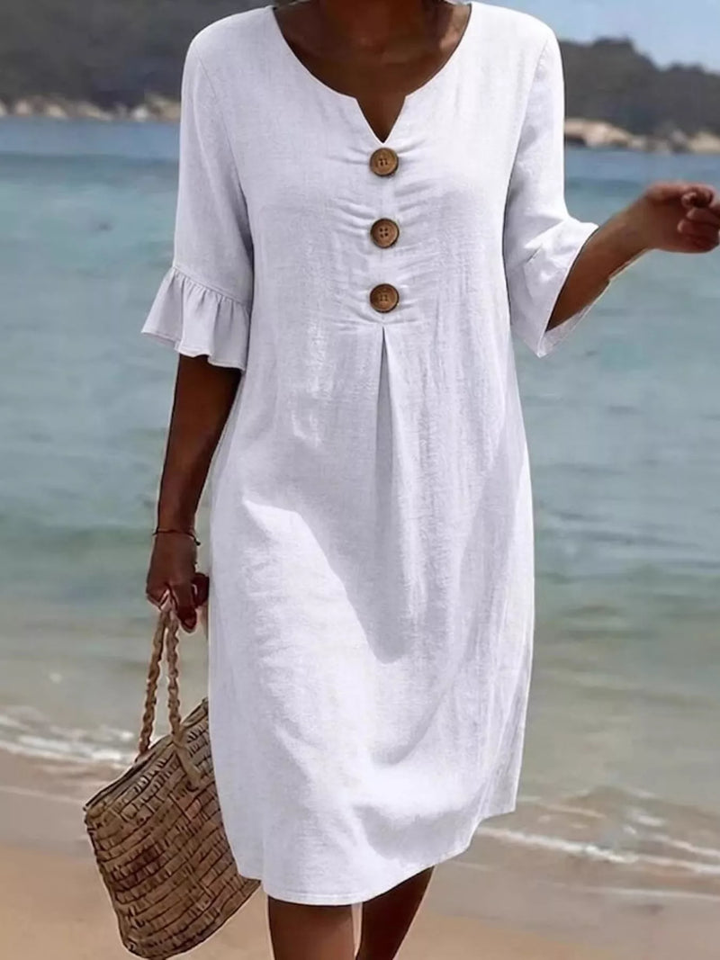 Belinda button decor ruffle sleeve midi dress front view