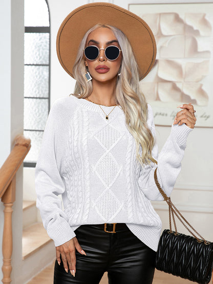 Cable-Knit Long Sleeve Sweater White - Fashorio