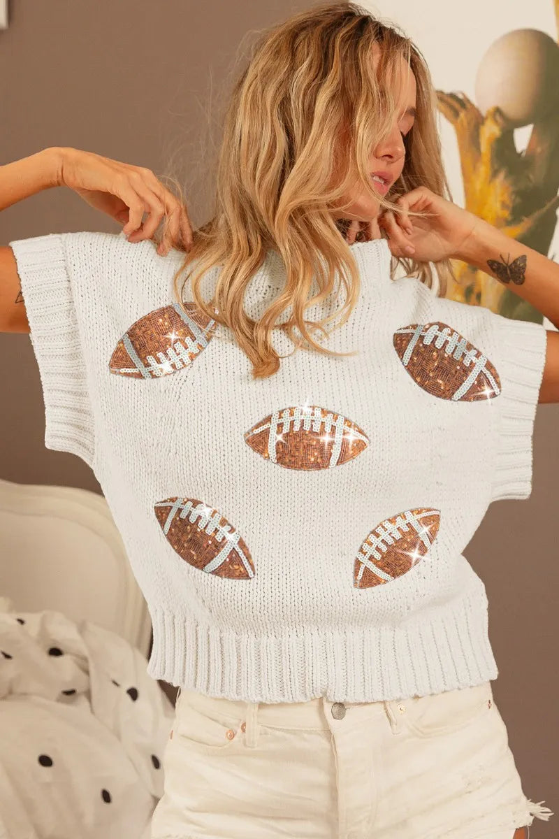 BiBi Gameday Sequin Football Patches Rib Banded Sweater - Fashorio