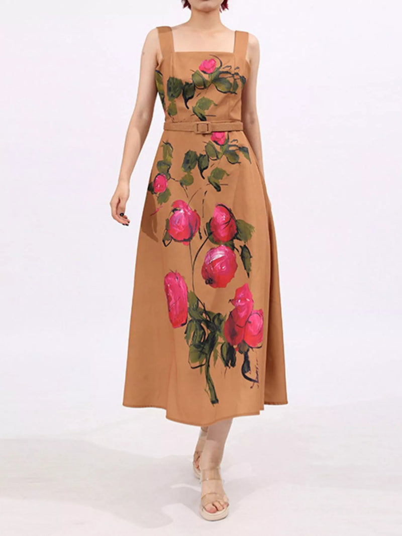 Khaki floral print square neck dress front view