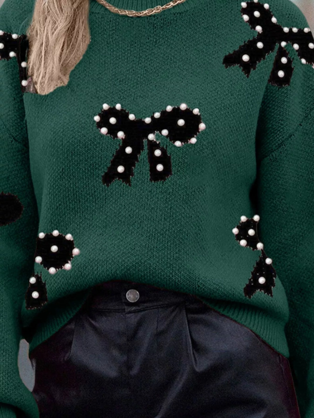 Dark green Pearl bow long sleeve sweater back view