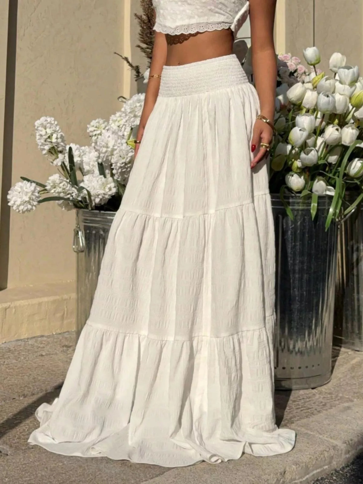Tiered maxi skirt on model