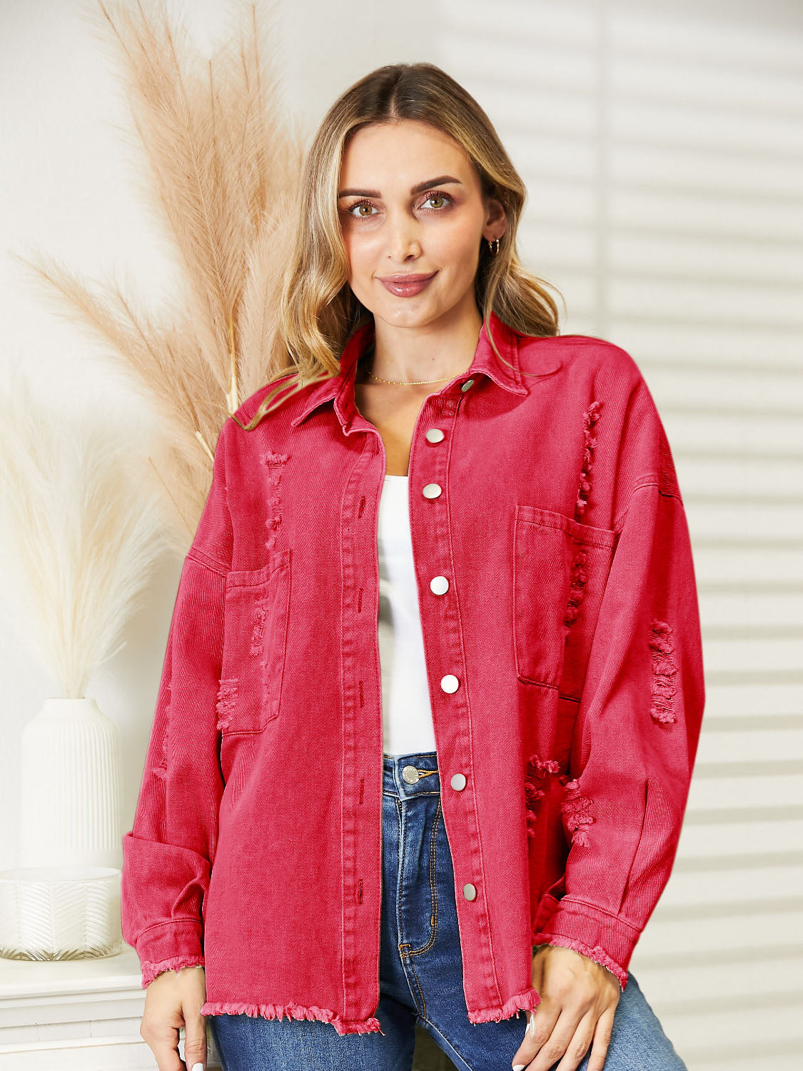 Distressed Raw Hem Denim Jacket Hot Pink - Fashorio