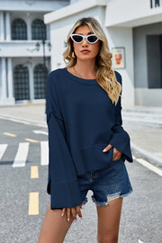 Round Neck Dropped Shoulder Slit Sweater Peacock Blue - Fashorio