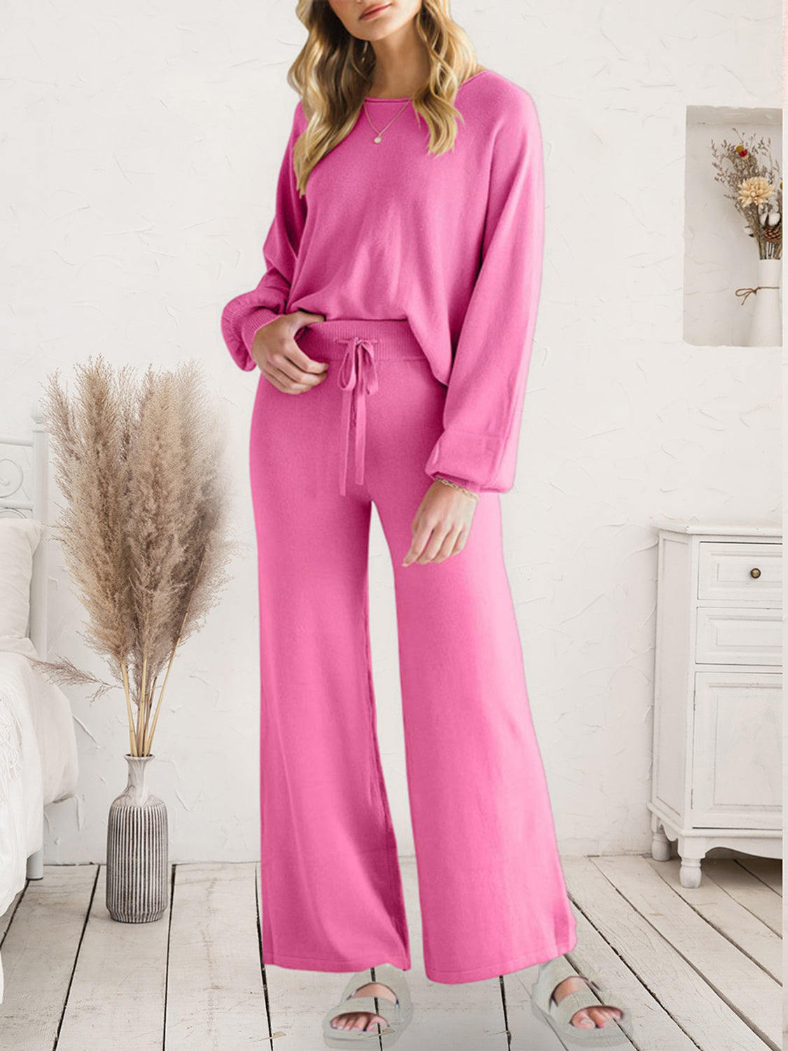 Long Sleeve Lounge Top and Drawstring Pants Set Pink - Fashorio