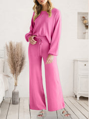 Long Sleeve Lounge Top and Drawstring Pants Set Pink - Fashorio