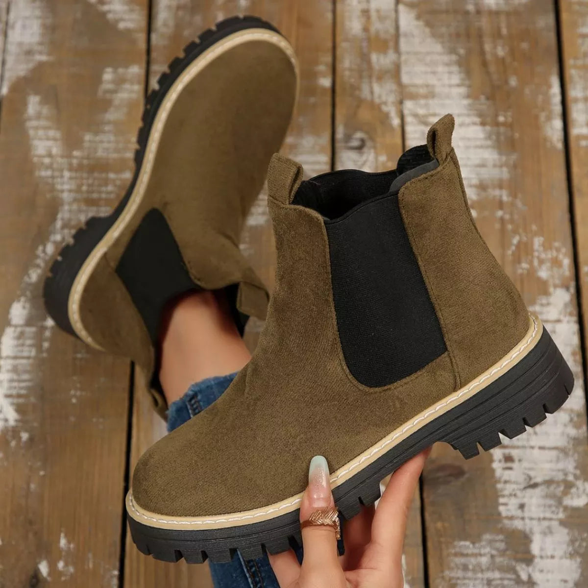 Round Toe Block Heel Boots angled three quarter view