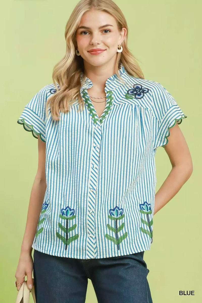 Blue embroidered stripe button front top front view