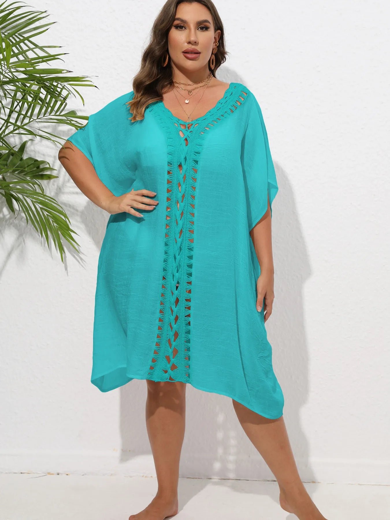 Crochet Trim V-Neck Beach Cover Up Dress - Fashorio
