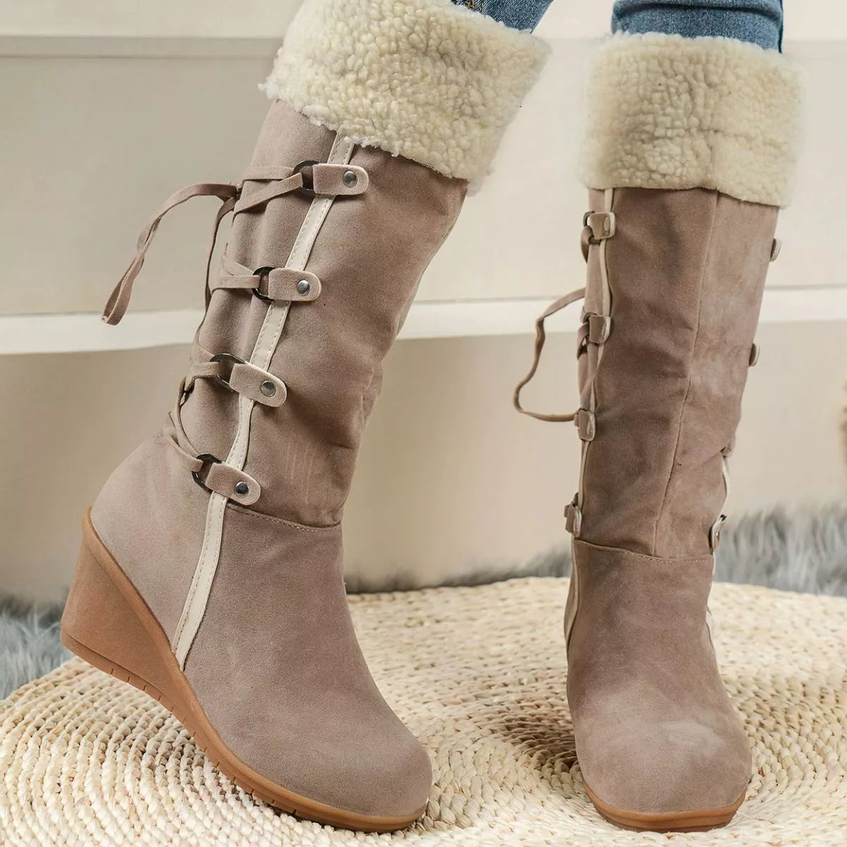 Round toe wedge boots styled on model