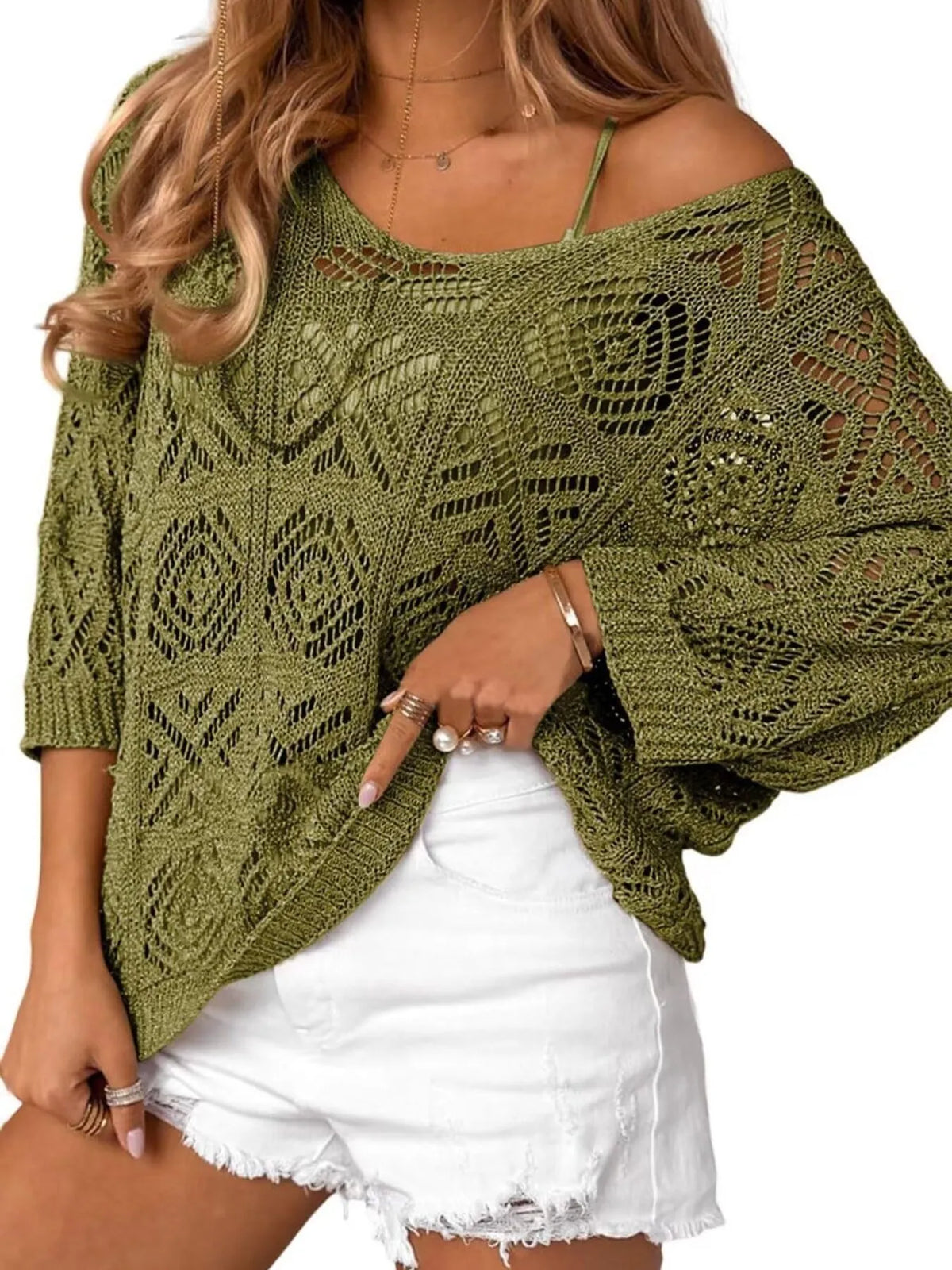 openwork 3/4 sleeve knit cover up close up detail