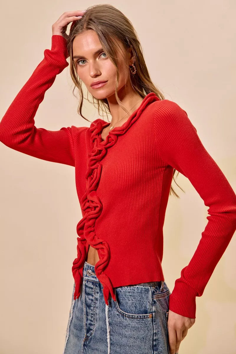 Cascade Ruffle Ribbed Knit Sweater Cardigan, view 14