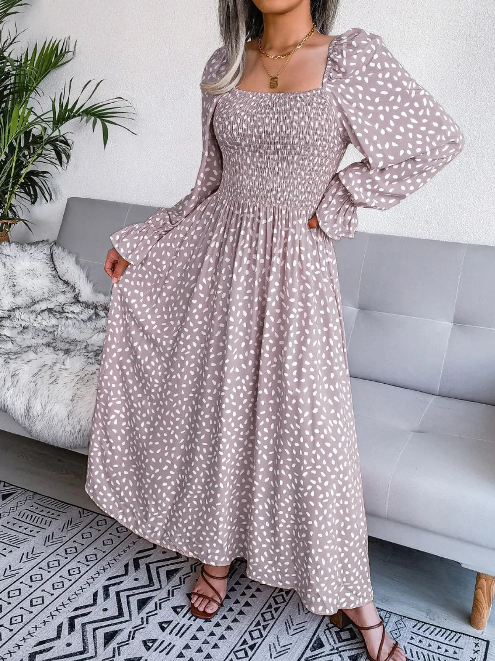 Smocked square neck flounce sleeve dress back detail