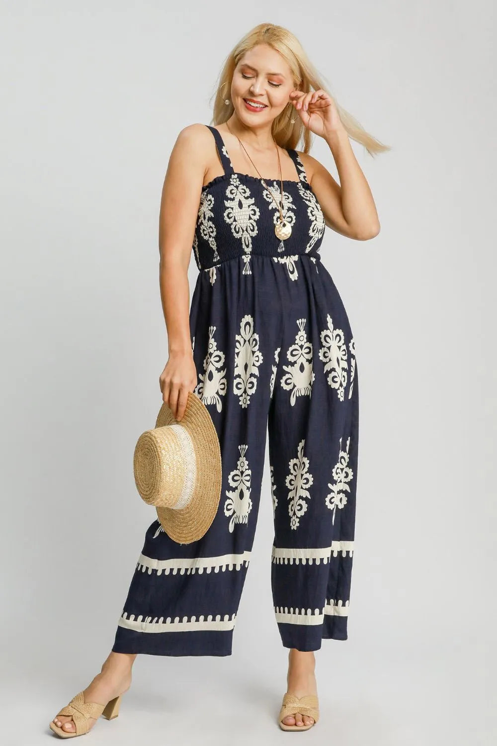 Smocked Printed Wide Leg Jumpsuit back view