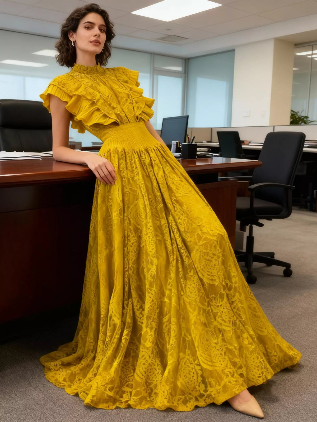 Ruffled mock neck lace maxi dress, front view
