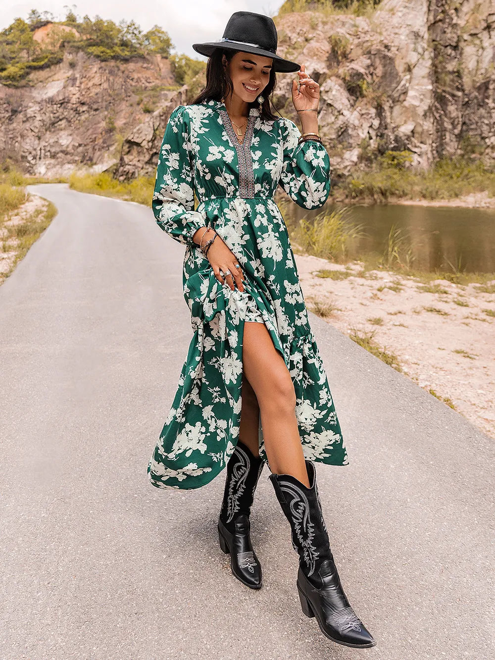 Printed Notched Neck Maxi Dress - Fashorio