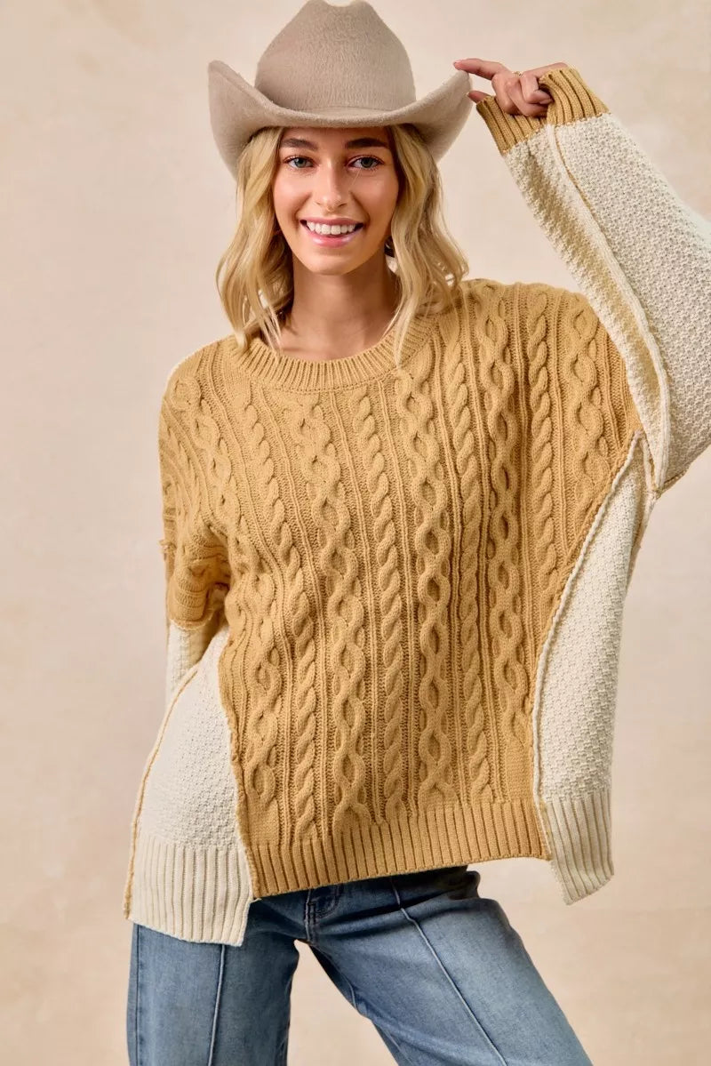 Cable Knit Uneven Hem Sweater in Mustard and Ivory back view