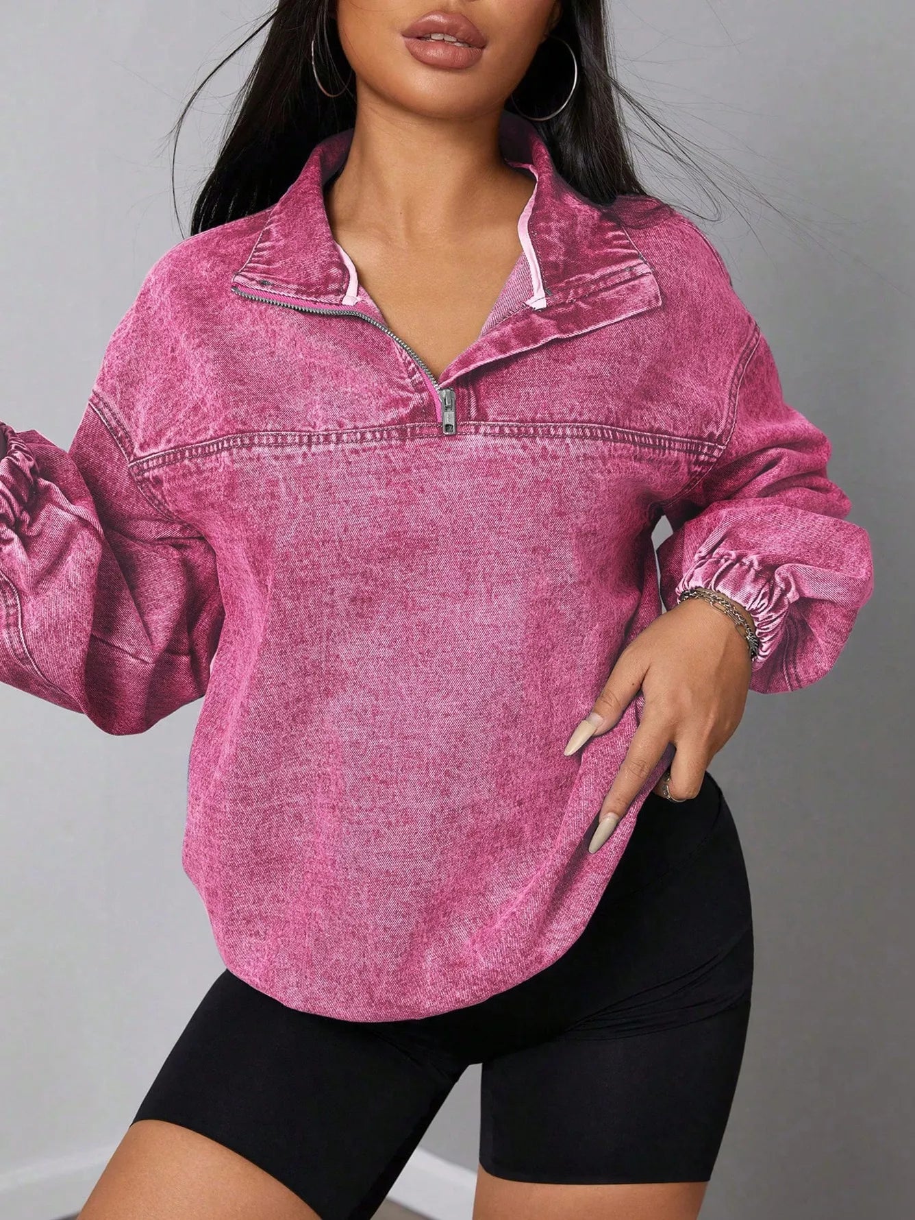Zip Collar Long Sleeve Denim Top Hot Pink - Fashorio