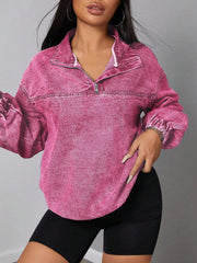 Zip Collar Long Sleeve Denim Top Hot Pink - Fashorio