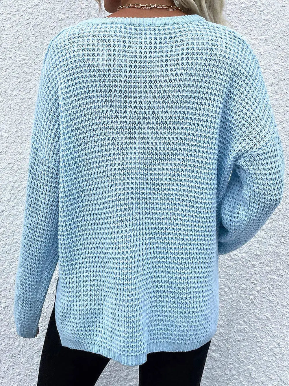 Notched Long Sleeve Sweater - Fashorio