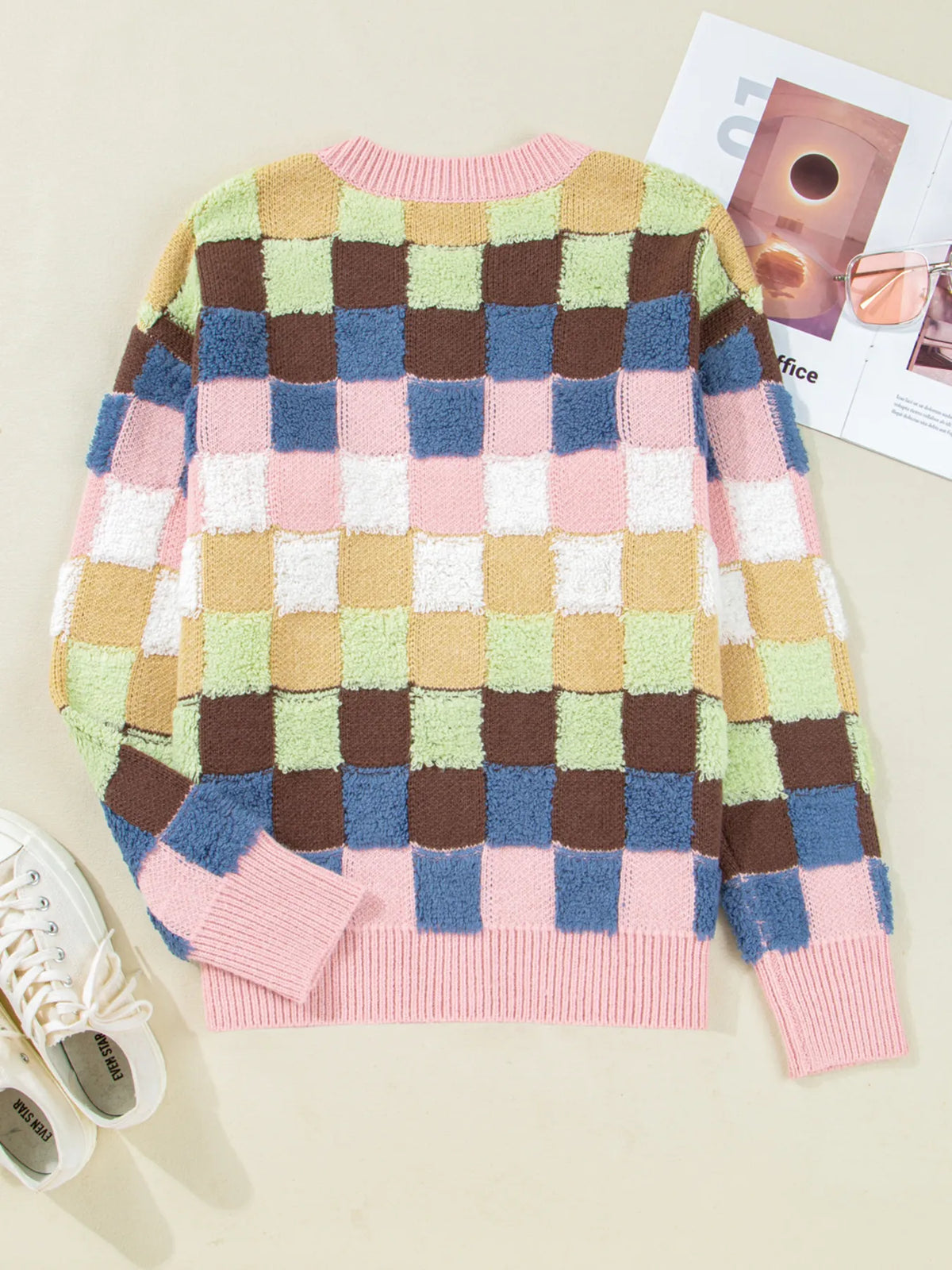 Checkered pattern button front cardigan in plaid side view