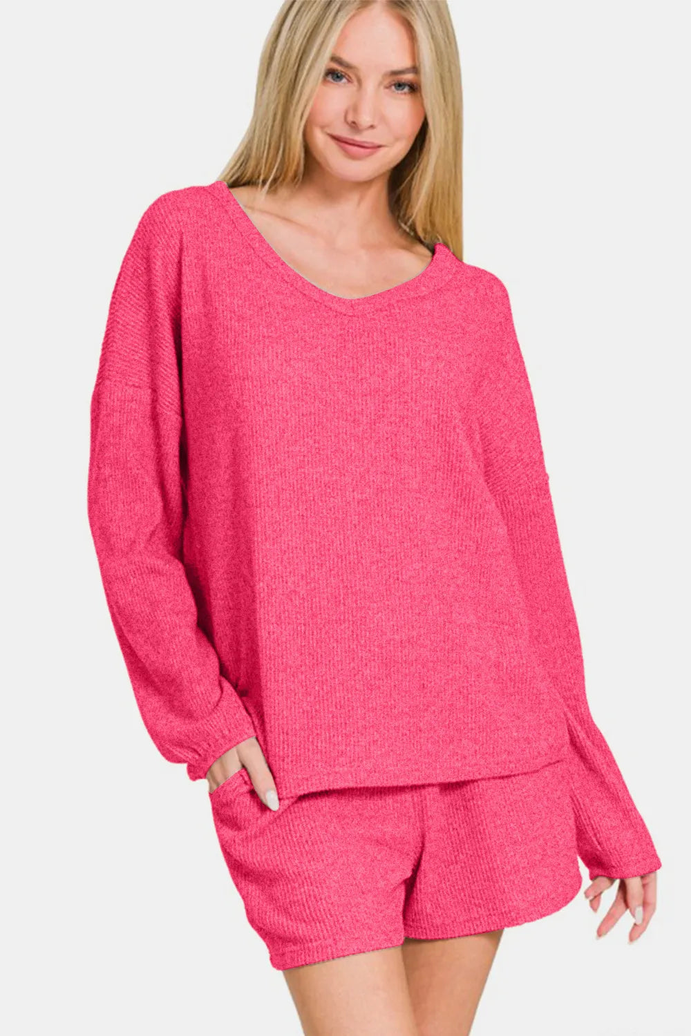 Zenana V-Neck Long Sleeve Ribbed Top and Shorts Set - Fashorio
