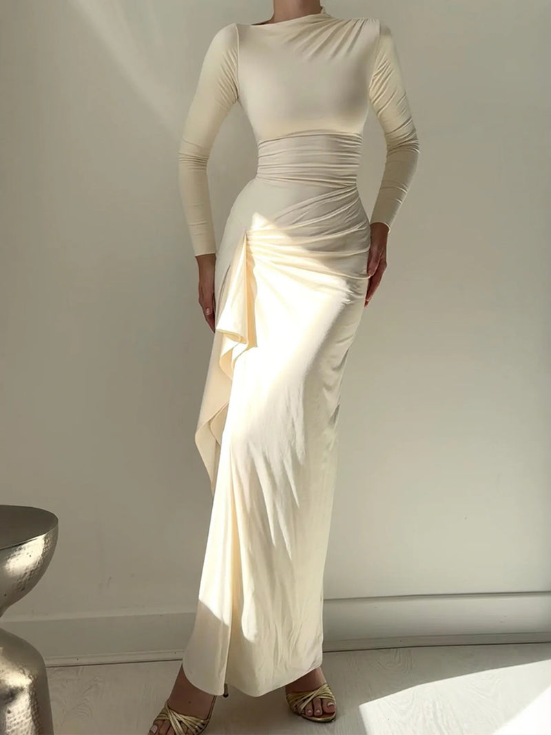 ruched long sleeve maxi dress front view