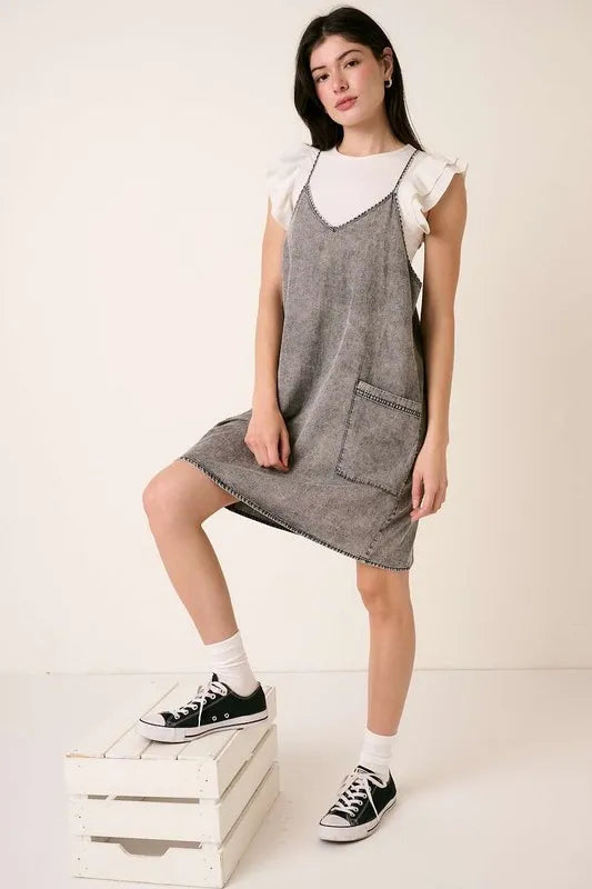 Washed Patch Pocket Mini Cami Denim Dress detail