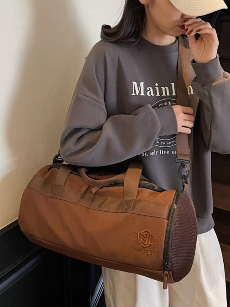Brown Oxford cloth duffel bag front view