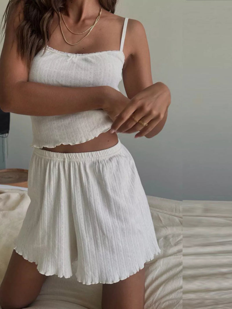 White ribbed knit cami and shorts set