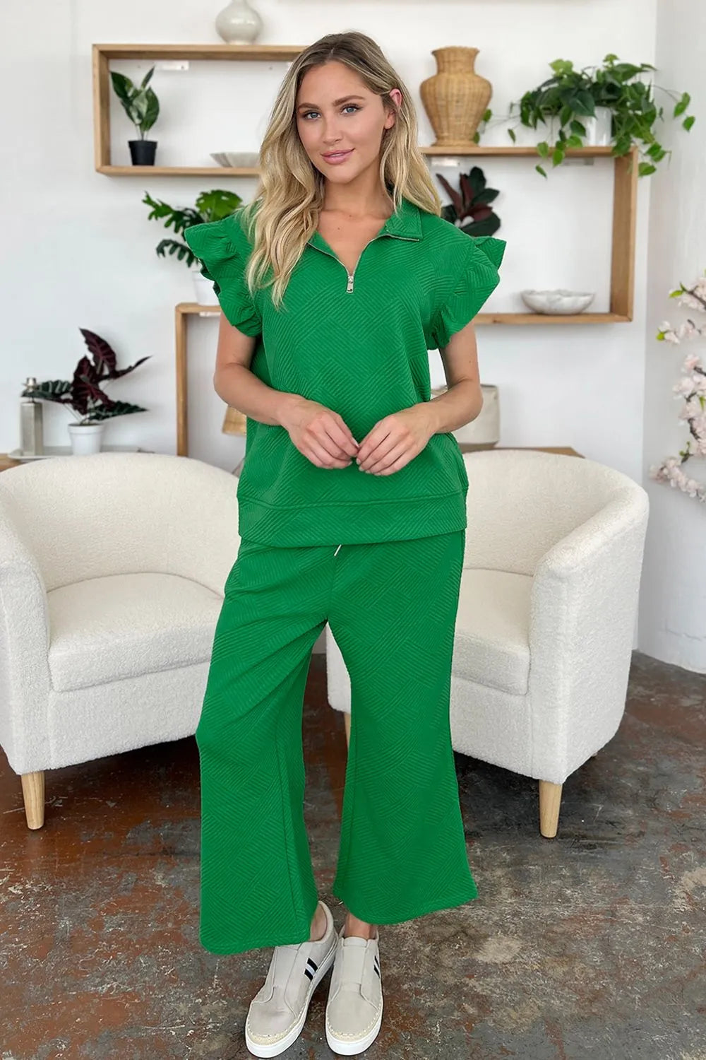 Full length view of the wide leg pants