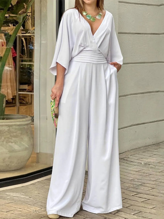 Full Size Wide-Leg Wrap Jumpsuit with Kimono Sleeves Plus Size White - Fashorio