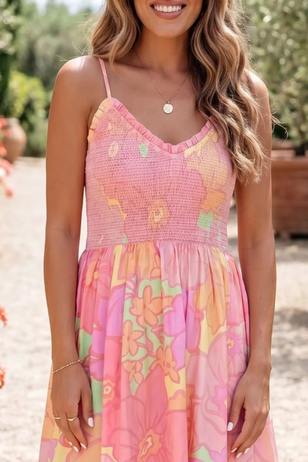 Full length view of the floral maxi dress skirt