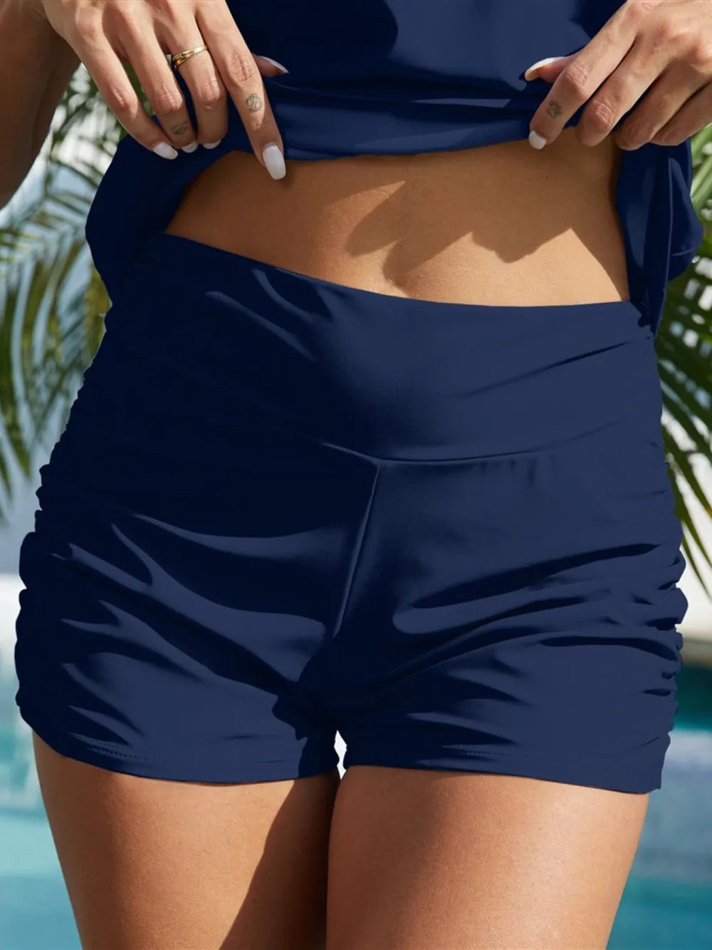 FAM-FAM Ruched Mid-Rise Waist Swim Shorts Dark Blue - Fashorio
