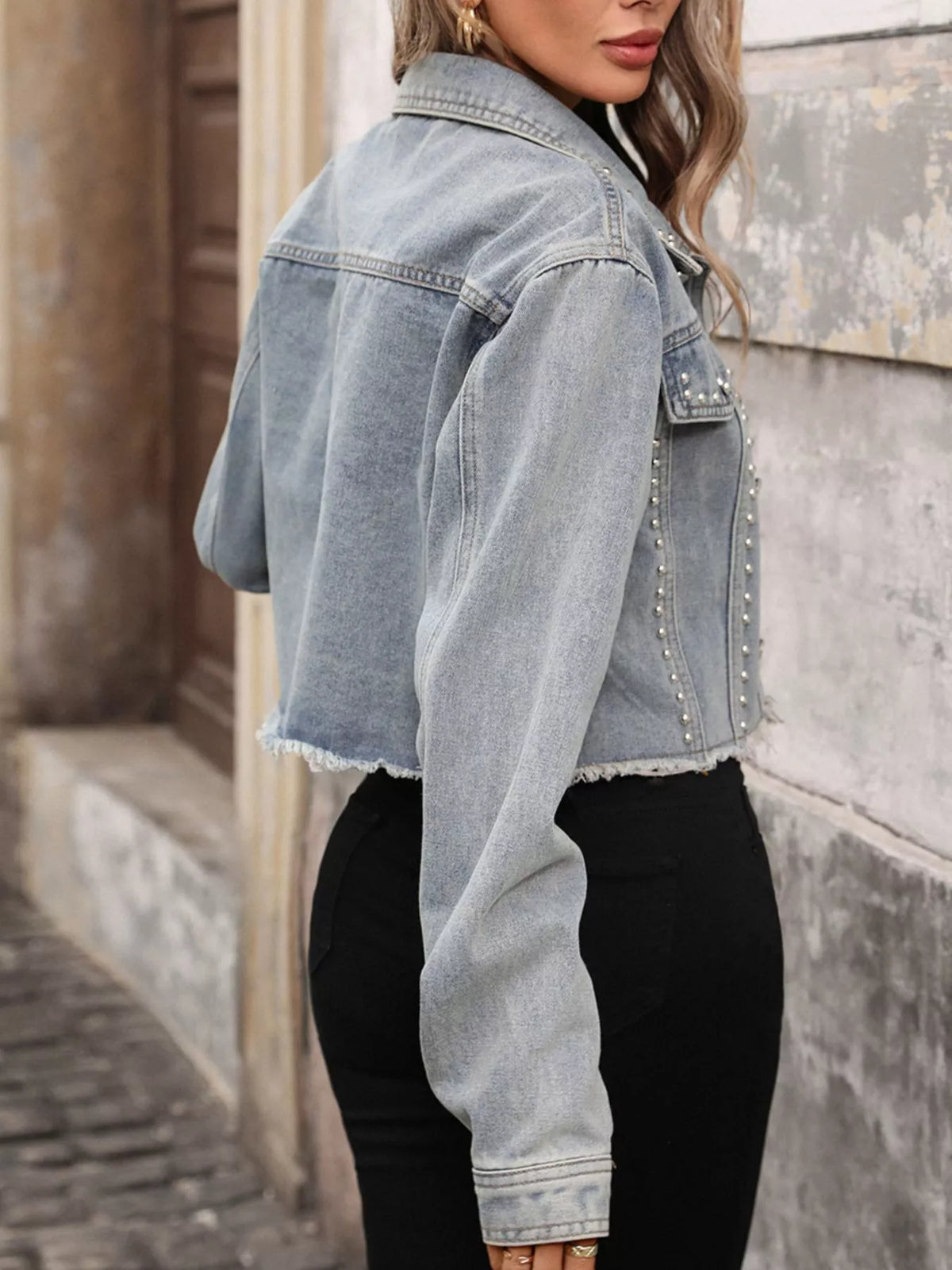Studded Raw Hem Denim Jacket in Light Blue detail