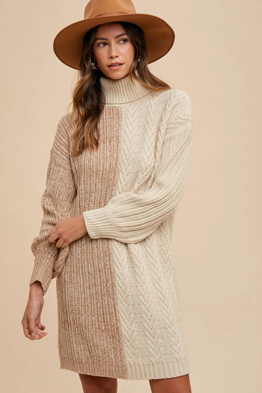 Color Block Turtleneck Sweater Dress in Taupe